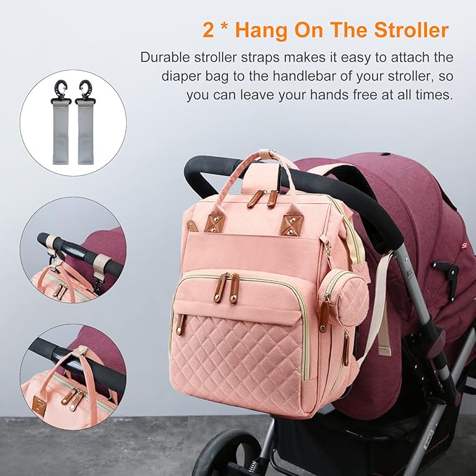Awanhe Diaper Bag, Backpack with Changing Station, Waterproof Baby Bag for Boys & Girls, USB Charging Port for Parents, Travel Backpack Baby Essentials & Lovely Baby Shower Gifts, Pink