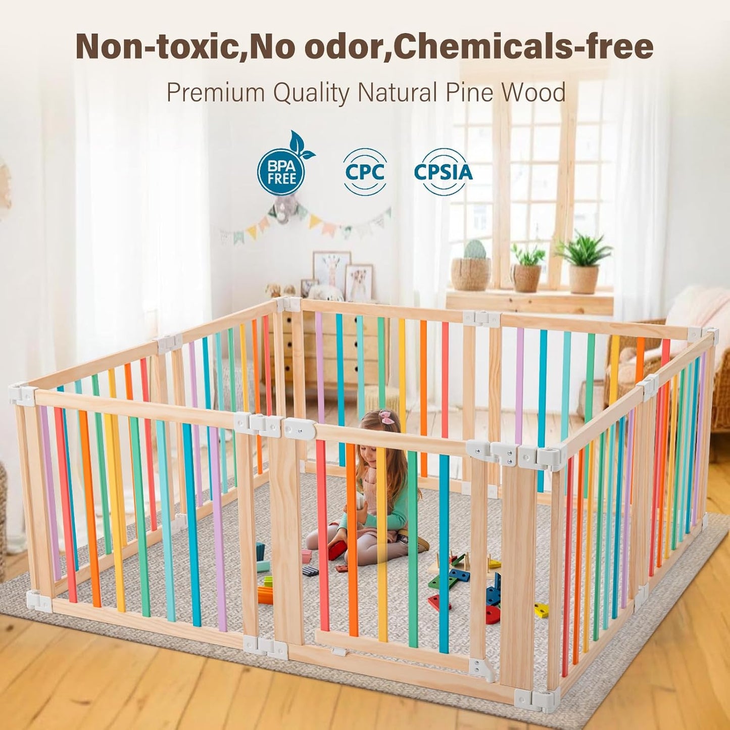 Foldable Wooden Playpen-51x51x25in-Large Baby Gate Playpen with Child-Proof Lock-Easy Assembly, Portable Design for Babies & Toddlers- Shape& Size Adjustable Baby Fence Play Area (Wood, 6 Panel)
