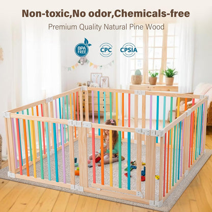 Foldable Wooden Playpen-51x51x25in-Large Baby Gate Playpen with Child-Proof Lock-Easy Assembly, Portable Design for Babies & Toddlers- Shape& Size Adjustable Baby Fence Play Area (Wood, 6 Panel)