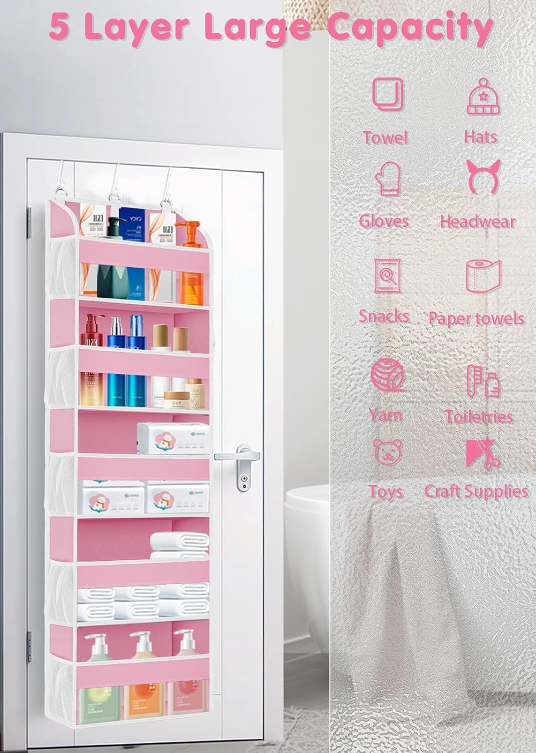 TAHAVICE 1 Pack Over The Door Organizer Storage, Hanging Organizer Closet with 5 Large Pockets 10 Mesh Pockets, 44 lbs Weight Capacity, Behind Door Storage for Nursery Bedroom Bathroom (Dark Grey)