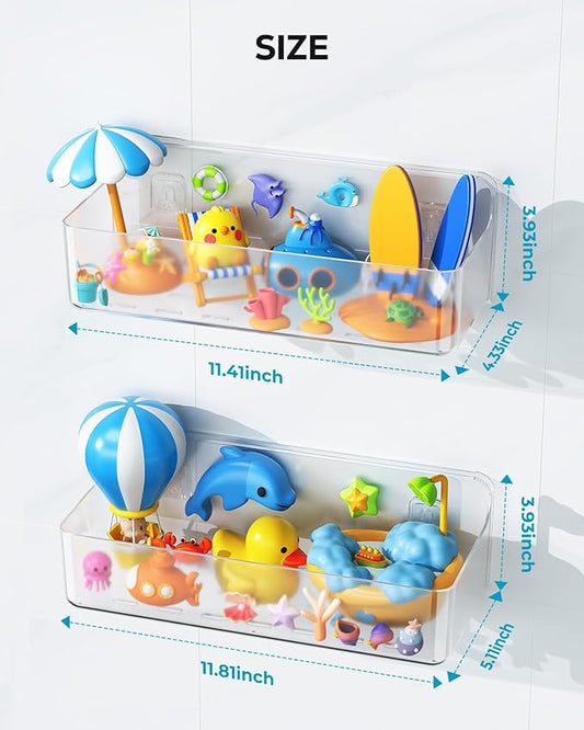 Nieifi Bath Toy Storage, Large Capacity Bath Toy Organizer, Adhesive Shower Caddy for Baby Bathroom Bathtub, Clear (2 Large)
