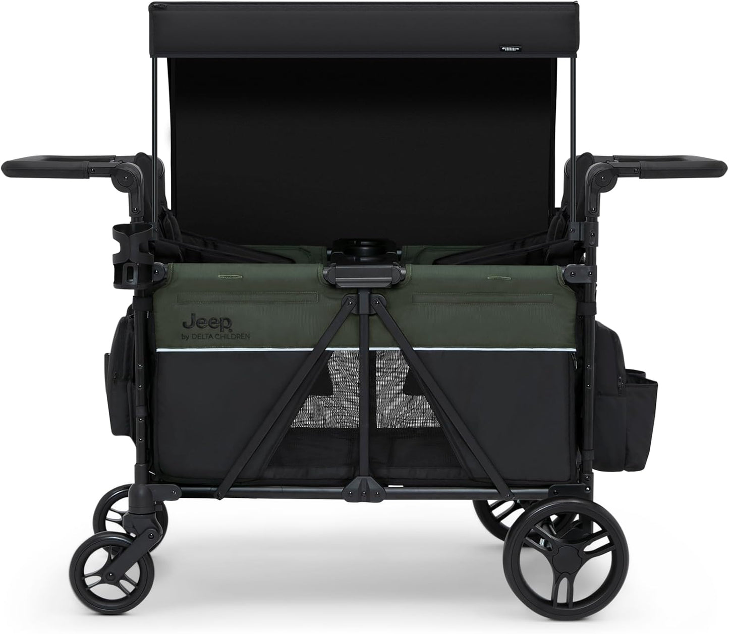 Jeep Aries Stroller Wagon by Delta Children Premium Wagon for 2 Kids with Convertible Seats, Adjustable Push/Pull Handles, Removable Canopy & Flat Fold - Greenguard Gold Certified, Black/Green
