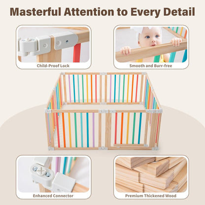 Foldable Wooden Playpen-51x51x25in-Large Baby Gate Playpen with Child-Proof Lock-Easy Assembly, Portable Design for Babies & Toddlers- Shape& Size Adjustable Baby Fence Play Area (Wood, 6 Panel)