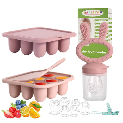 WAJIAYON Baby Breastmilk Popsicle Molds & Baby Fruit Feeder (4 Pack), Infant Food Freezer Tray Storage Containers, Silicone Teething Pacifier Feeder and Teether for Babies（Pink&Purple）