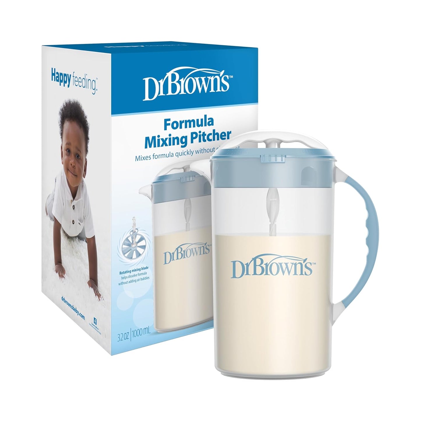 Dr. Brown's Baby Formula Mixing Pitcher with Adjustable Stopper, Locking Lid, and No Drip Spout, 36 oz, BPA-Free, Blue, 1-Pack