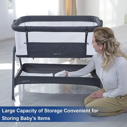 ANGELBLISS Baby Bassinet Bedside Crib with Storage Basket and Wheels, Easy Folding Bed Side Sleeper Adjustable Height Portable Crib for Newborn (Pink)