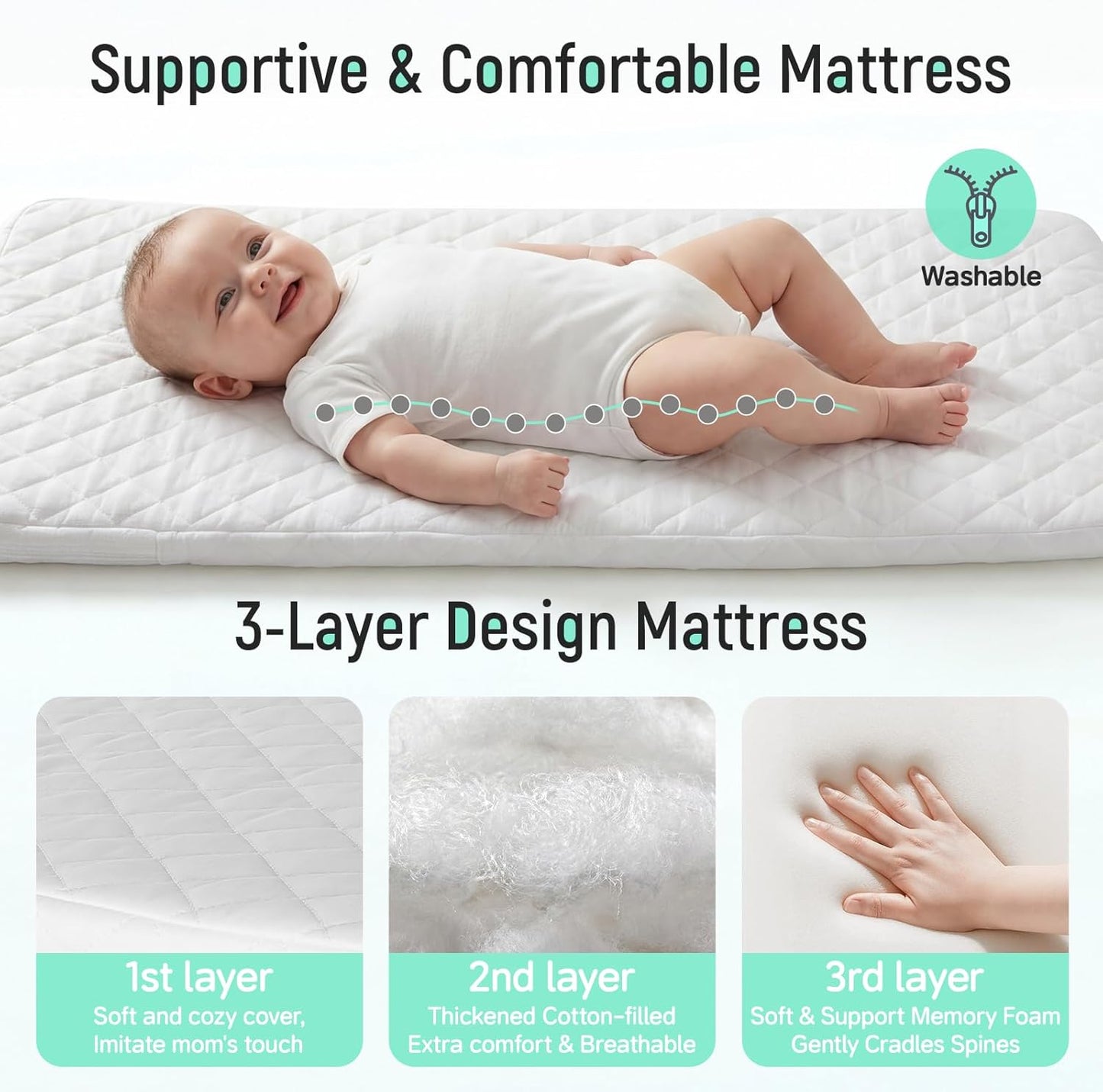 Cowiewie Bassinet Bedside Sleeper,3-in-1 Baby Bassinet with Mattress & Wheels,Easy Folding Portable Bedside Bassinet for Baby with Storage & Travel Bag,Breathable Mesh,Stable & Secure,Beige