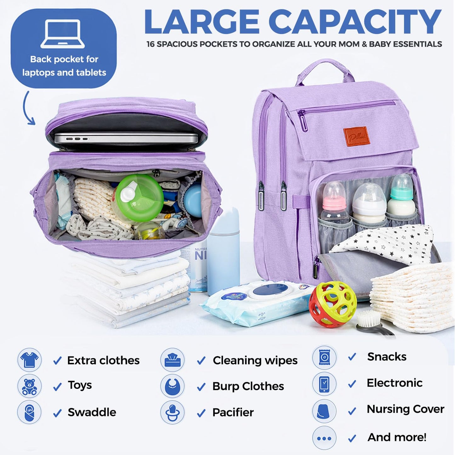 PILLANI Baby Diaper Bag Backpack - Large Waterproof Travel Diaper Bag for Boys & Girls, 16 Organizer Pockets with Changing Pad, Insulated Bottle Pockets & Stroller Straps, Baby Shower Gifts, Dinosaur