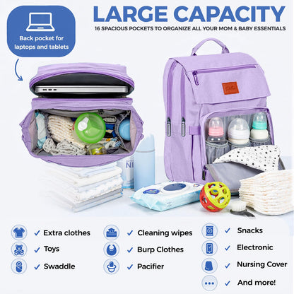 PILLANI Baby Diaper Bag Backpack - Large Waterproof Travel Diaper Bag for Boys & Girls, 16 Organizer Pockets with Changing Pad, Insulated Bottle Pockets & Stroller Straps, Baby Shower Gifts, Dinosaur