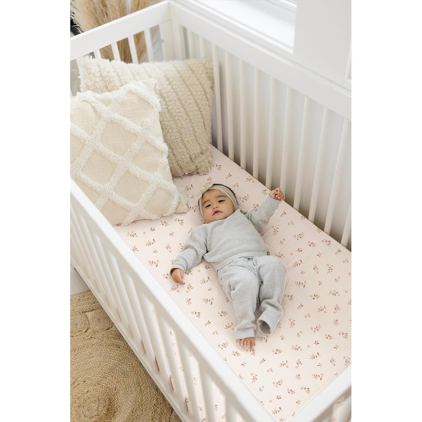 Konssy Muslin Mini Crib Sheets, 100% Soft Cotton Pack and Play Sheets for Pack N Play Mattress, Playard Baby Crib Sheets for Baby Girls (Floral, Pink)