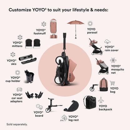 Stokke YOYO3 Stroller from 6 Months - Includes Black Frame, Seat Cushion & Canopy - Folds in & Out in a Flash - Light & Compact - Carry-On Compatible