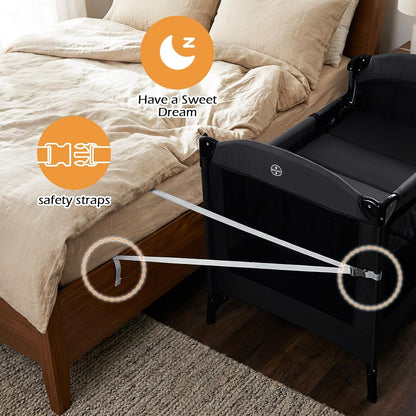INFANS 4 in 1 Baby Bassinet, Converts Pack and Play to Portable Bedside Crib Sleeper with Diaper Changer, Mattress, Carry Bag, Music Box, Hanging Toys for Infants Toddlers (Black)