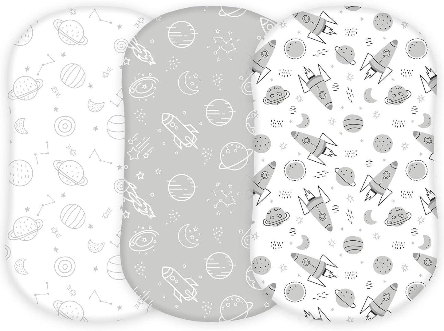 Bassinet Sheets for Papablic, CoZee, Cowiewie, Ezebaby, Nawahev Baby Bassinet Bedside Sleeper by TansyPanda, 3PC, 33x20, Ultra Soft, Breathable Snug Fit, Unisex Boys Girls, Gray White (Space Rockets)