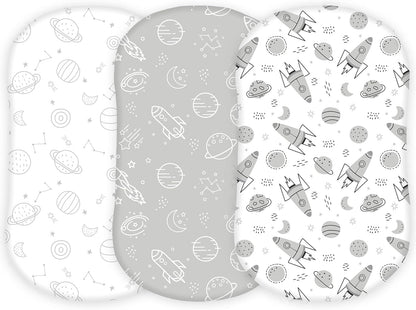 Bassinet Sheets for Papablic, CoZee, Cowiewie, Ezebaby, Nawahev Baby Bassinet Bedside Sleeper by TansyPanda, 3PC, 33x20, Ultra Soft, Breathable Snug Fit, Unisex Boys Girls, Gray White (Space Rockets)