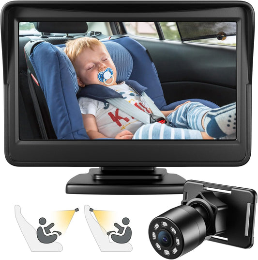 FEISIKE Car Baby Camera, 4.3'' HD Infrared Night Vision Function Baby Car Camera Display, Backseat Camera for Kid with 150° Wide View & 360° Rotatable Easy Installation in 5 Mins Rear Facing Mirrors