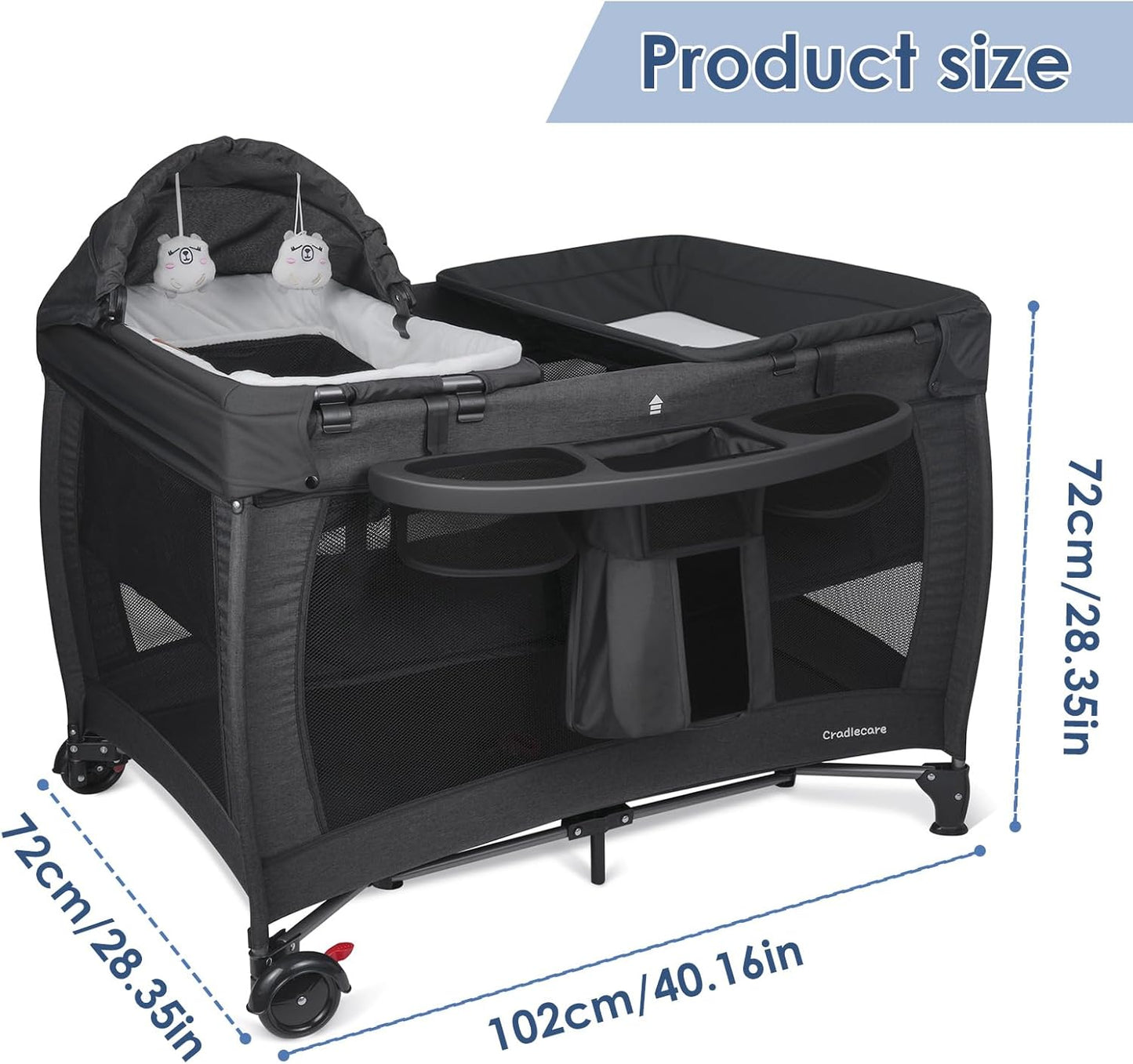 3 in 1 Pack and Play, Baby Bassinet, Changing Tabler - Portable Baby Playpen for Babies and Toddlers, Foldable Playard with Locking Wheels & Storage Diaper Basket(Black)