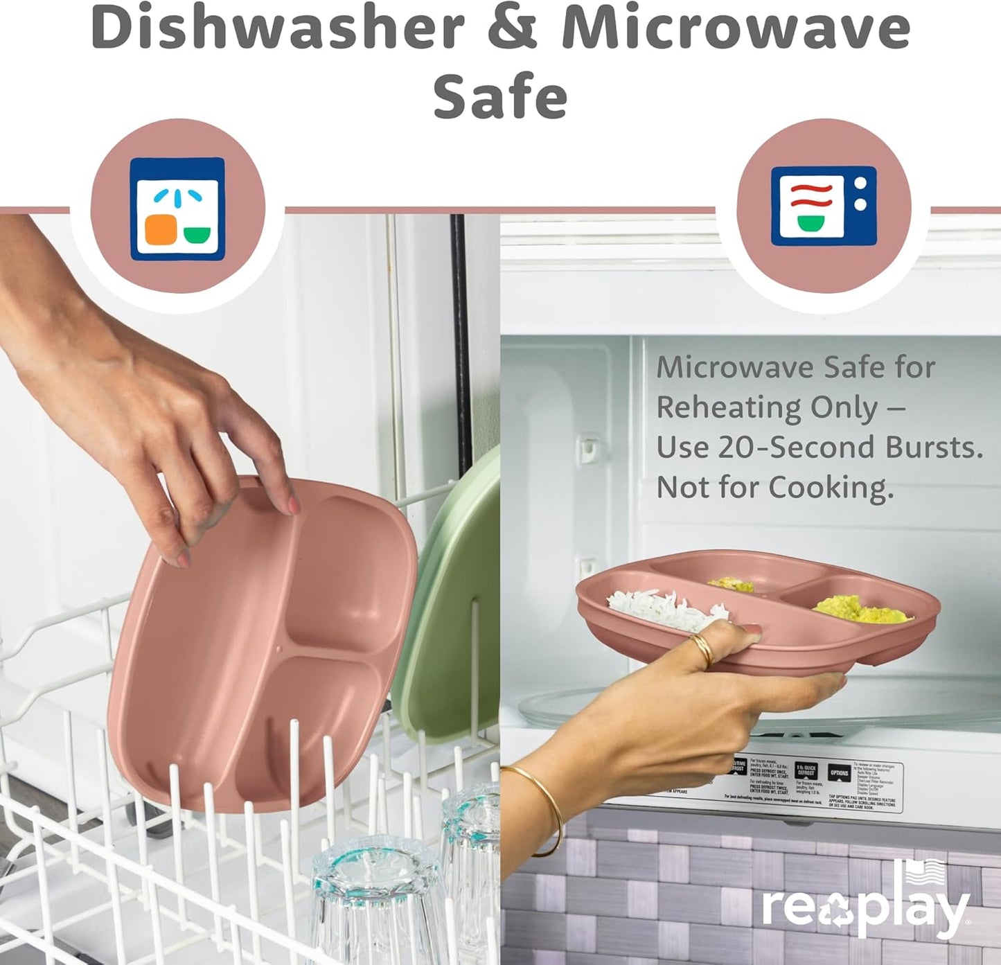 Re-Play Toddler Plates with Dividers - Deep-Walled 3 Compartments Divided Plates for Kids - Dishwasher & Microwave Safe - Made in USA - Set of 3-7.37" x 7.37" x 1.25" - Beach Baby