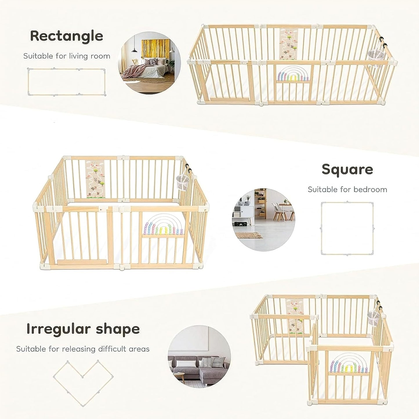 Ulnxiy Foldable Wooden Baby Playpen Activity Center,Adjustable Size & Shape Portable Play Yard, Baby Fence Play Area with Gate for Indoor Use for Babies and Toddlers(84x56x24inches)