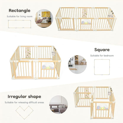 Ulnxiy Foldable Wooden Baby Playpen Activity Center,Adjustable Size & Shape Portable Play Yard, Baby Fence Play Area with Gate for Indoor Use for Babies and Toddlers(84x56x24inches)