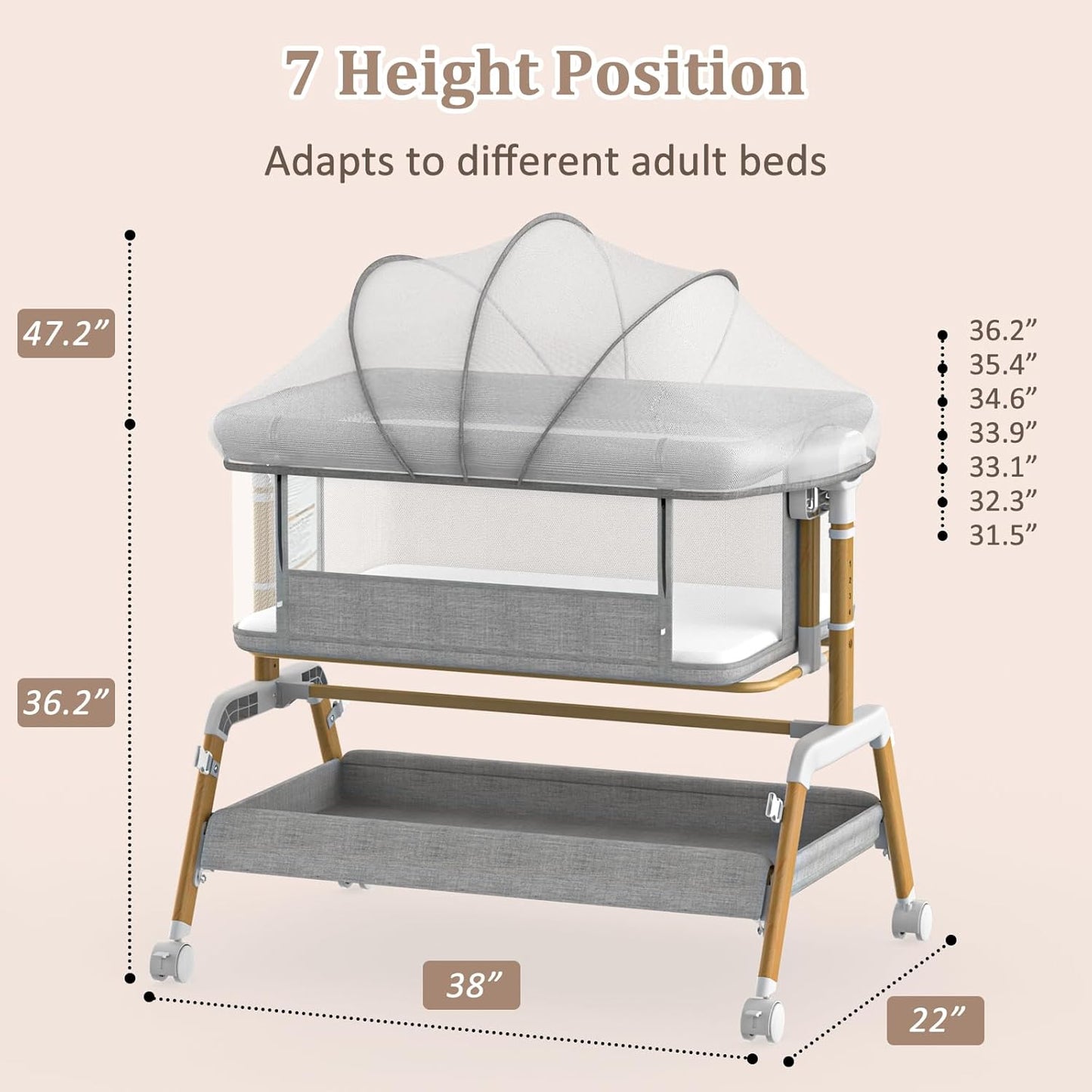 3 in 1 Baby Bassinet, Bedside Sleeper for Newborn, 7-Level Height Adjustable, Rocking Design with Breathable Mesh, Lockable Wheels & Large Storage Space, Portable Baby Crib（Dark Gray）