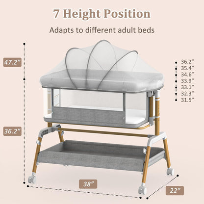3 in 1 Baby Bassinet, Bedside Sleeper for Newborn, 7-Level Height Adjustable, Rocking Design with Breathable Mesh, Lockable Wheels & Large Storage Space, Portable Baby Crib（Dark Gray）