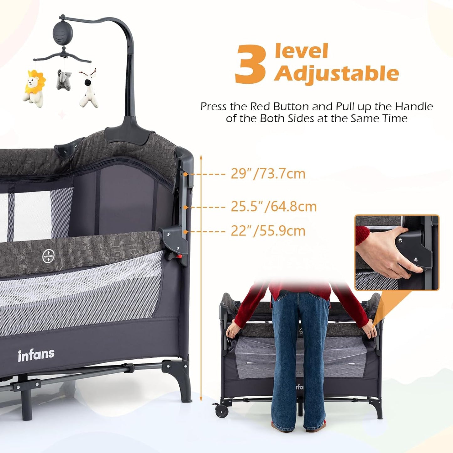 INFANS 4 in 1 Baby Bassinet, Converts Pack and Play to Portable Bedside Crib Sleeper with Diaper Changer, Mattress, Carry Bag, Music Box, Hanging Toys for Infants Toddlers (Black)