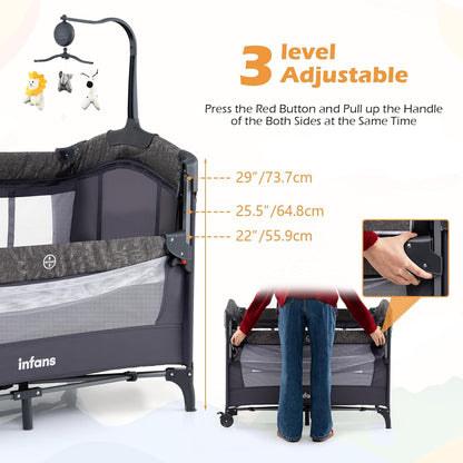 INFANS 4 in 1 Baby Bassinet, Converts Pack and Play to Portable Bedside Crib Sleeper with Diaper Changer, Mattress, Carry Bag, Music Box, Hanging Toys for Infants Toddlers (Black)