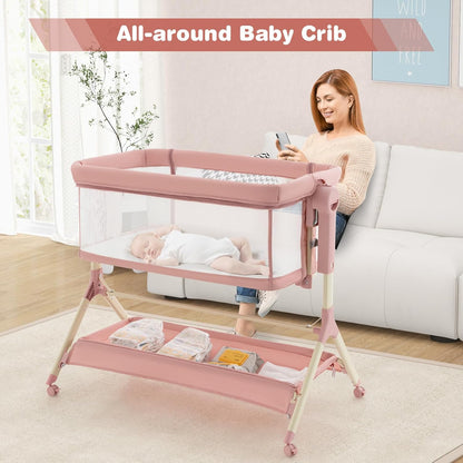 BABY JOY Bassinet Bedside Sleeper, Easy Folding Baby Crib w/All-Side Mesh, Storage Shelf, 7 Adjustable Heights, Mattress & Travel Bag for Safe Co-Sleeping, Portable Baby Bed for Newborn Infant -Gray