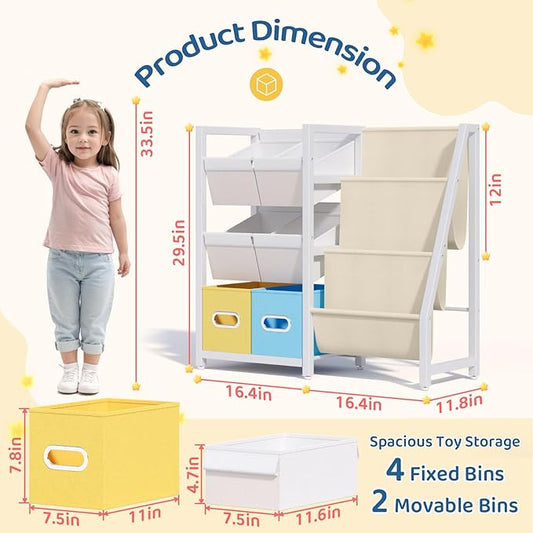 LATIBELL Kids Bookshelf Toy Storage Organizer - Book Shelf for Kid Rooms, 6 Toy Bins for Kid Organizer and 3 Sling Kids Bookcase, Toddler Baby Montessori Nursery Bookshelf Childrens Book Rack Display