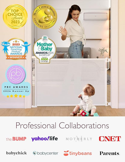 Momcozy Retractable Mesh Baby Gate or Dog Gate, Child Safety Gate for Indoor or Outdoor, 33-inches Tall with up to 55-inches Wide Extension, White