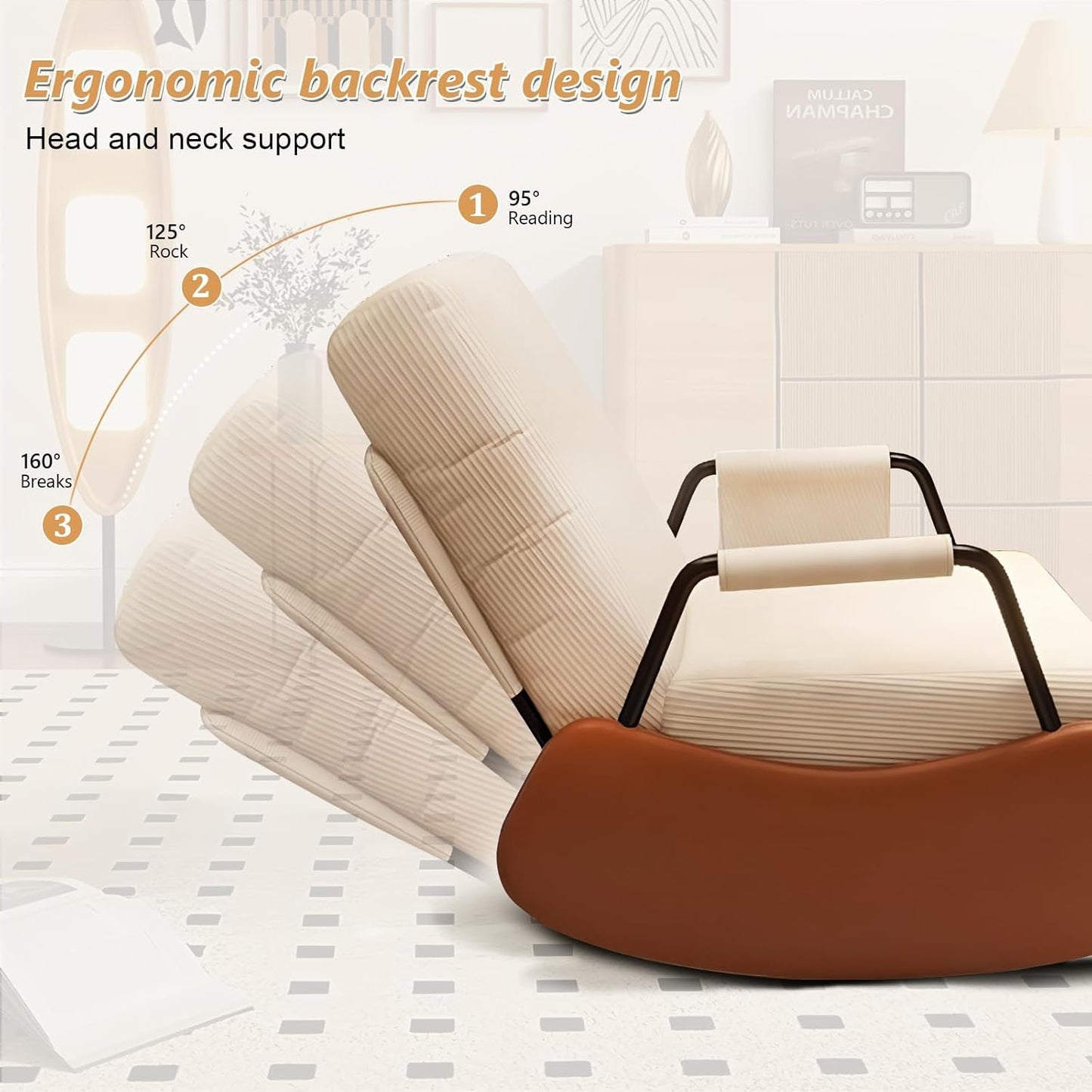 JPBSTO Rocking Chair Nursery, Upholstered Glider Rocking Chair with Side Pocket and Adjustable High Backrest, Comfortable Rocker Recliner with Footrest Perfect for Living Room Bedroom, Beige