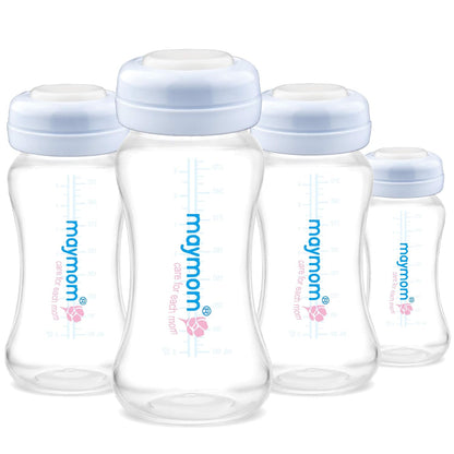 Maymom Wide-Mouth Milk Storage Feeding Collection Bottle with Nipple, Dome Cap, Bottle Top, SureSeal Sealing Disk; Compatible with Spectra Pump/Motif Luna; 5 pc (4.7Oz/140mL)