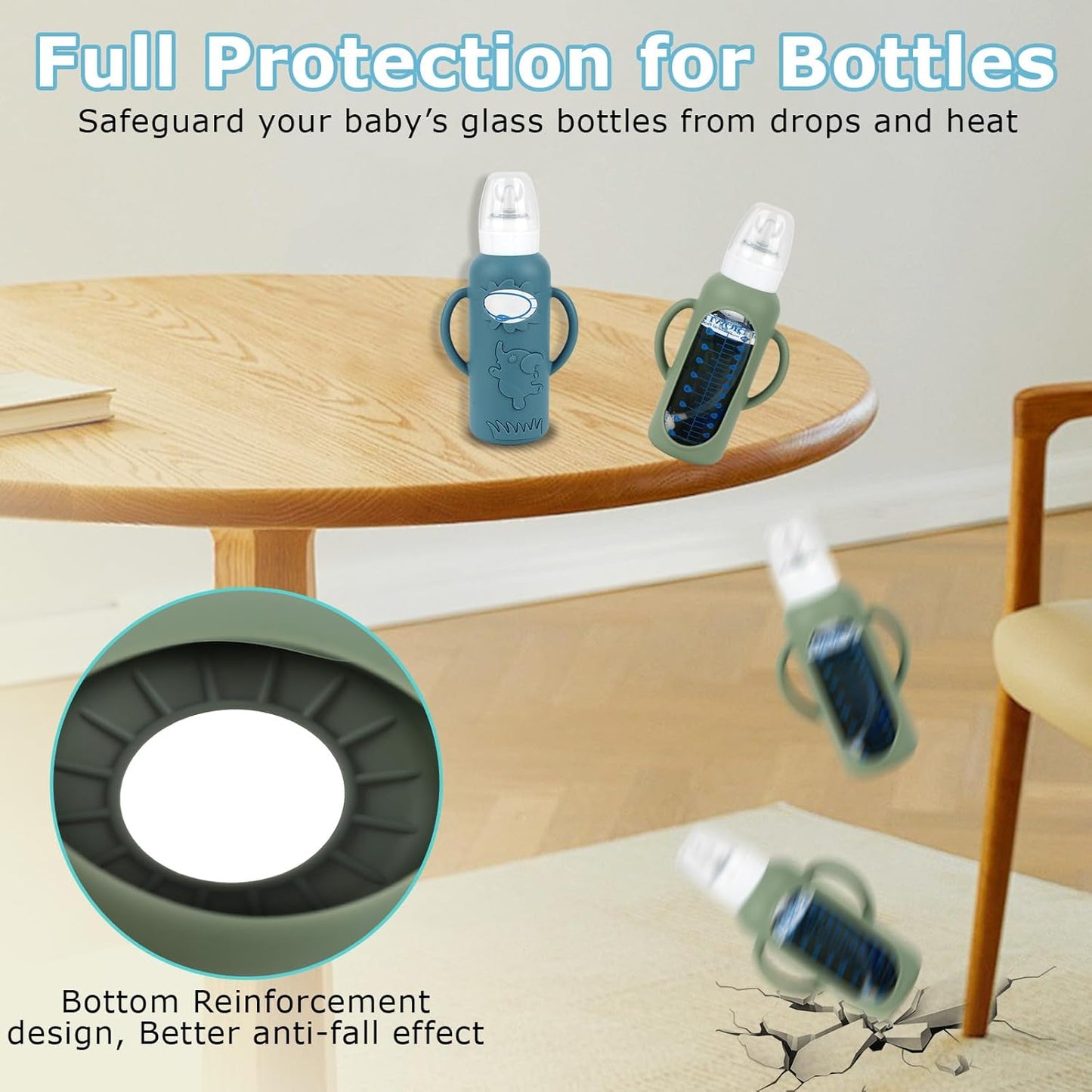 Sippy Straw Cup Conversion Kit with Silicone Sleeves for Dr. Brown's Narrow Glass Baby Bottle 4oz,Anti Breakage Baby Bottles Replacement Kit with Handle and Soft Sippy Spout,6m+,Set of 3