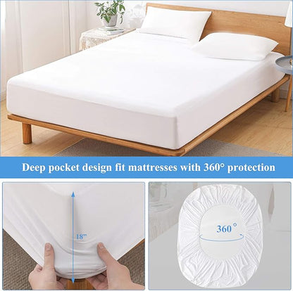 Twin Waterproof Mattress Protector - Noiseless, Breathable, Machine Washable Fitted Mattress Cover with Deep Pockets up to 5”-21”（White）