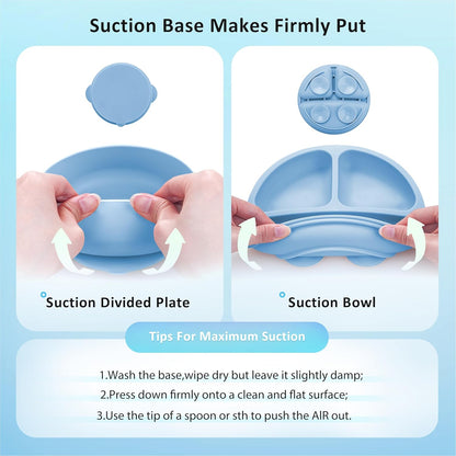 Bufims Silicone Baby Feeding Set, Baby Led Weaning Supplies, Eating Essentials Utensils with Suction Plate and Bowl, Pocket Bib, Sippy Cup with Lid, Forks Spoons Snack Container, for 6+ Months, Green