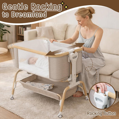 Rocking Baby Bassinet Bedside Sleeper, Detachable Portable Bassinet & Adjustable Crib with 8 Heights, Breathable Mesh, Storage Basket & Mobile Toy for Newborns to Toddlers(Oatmeal)