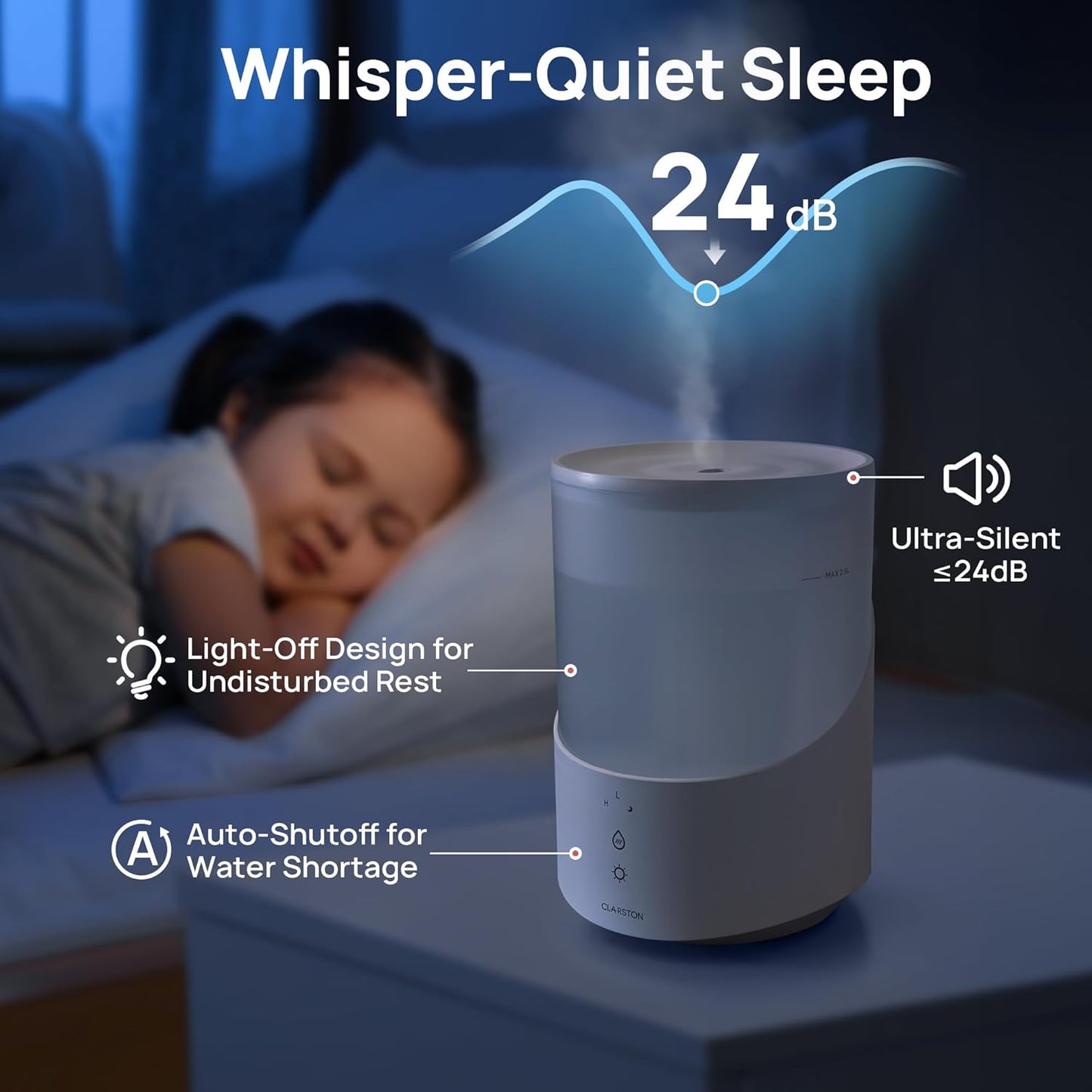 Clarston Humidifiers for Bedroom, 2L Top Fill with 360° Nozzle for Large Room, 7-Color Night Light, 24dB Quiet Cool Mist Air Humidifier for Baby Nursery & Plants, No BPA, Auto Shut Off, Easy to Clean