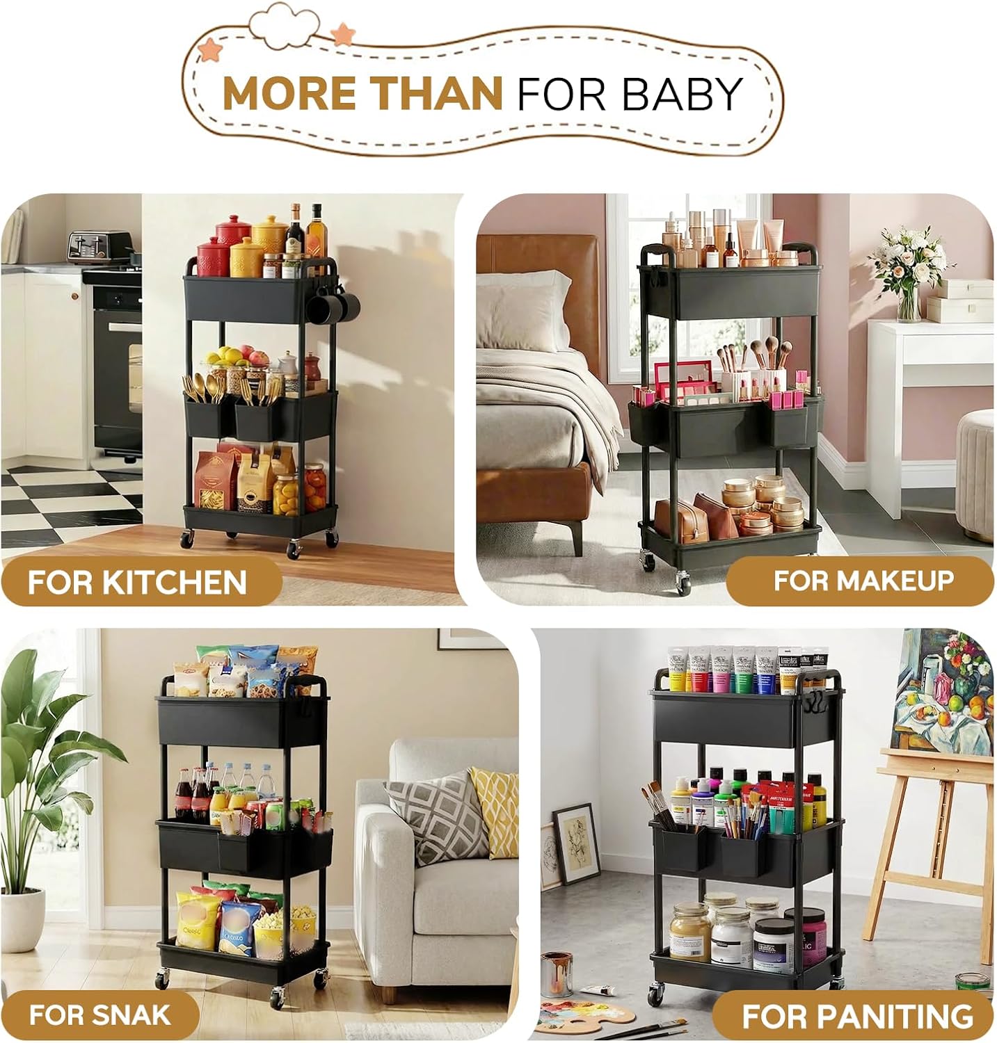 Goovilla Diaper Cart with Lockable Wheels and Easy Assembly, 3 Tier Black Rolling Cart for Baby Nursery Storage, Sturdy Ample Diaper Caddy Organizer for Baby Girl, Boy, New Mom, Newborn Essentials