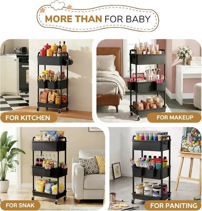 Goovilla Diaper Cart with Lockable Wheels and Easy Assembly, 3 Tier Black Rolling Cart for Baby Nursery Storage, Sturdy Ample Diaper Caddy Organizer for Baby Girl, Boy, New Mom, Newborn Essentials