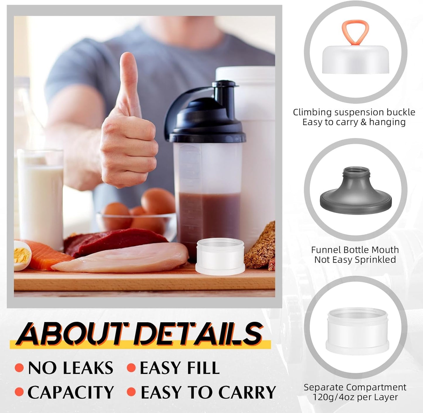 Baderke 4 Pcs Protein Powder Container 5 Layers Stackable Leakproof Container Powder Dispenser with Funnels Stand Keychain Flour Canister for Workout Fitness(Black, White, Blue, Pink)