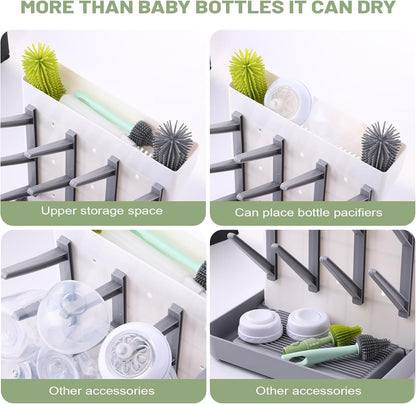 Hranio Baby Bottle Drying Rack Baby Bottle Organizer Drying Rack Space Saving Foldable Dish Can Dry Up to 12 Bottles Large Vertical for Infant Accessories & Pump Parts (Gray)