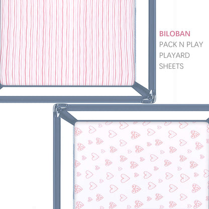 Square Playard/Playpen Fitted Sheets, Perfect for 36 X 36 Portable Playard, 2 Pack, 100% Jersey Knit Cotton Fitted Sheets, Grey Stripes and Hearts Print for Baby Boy and Baby Girl