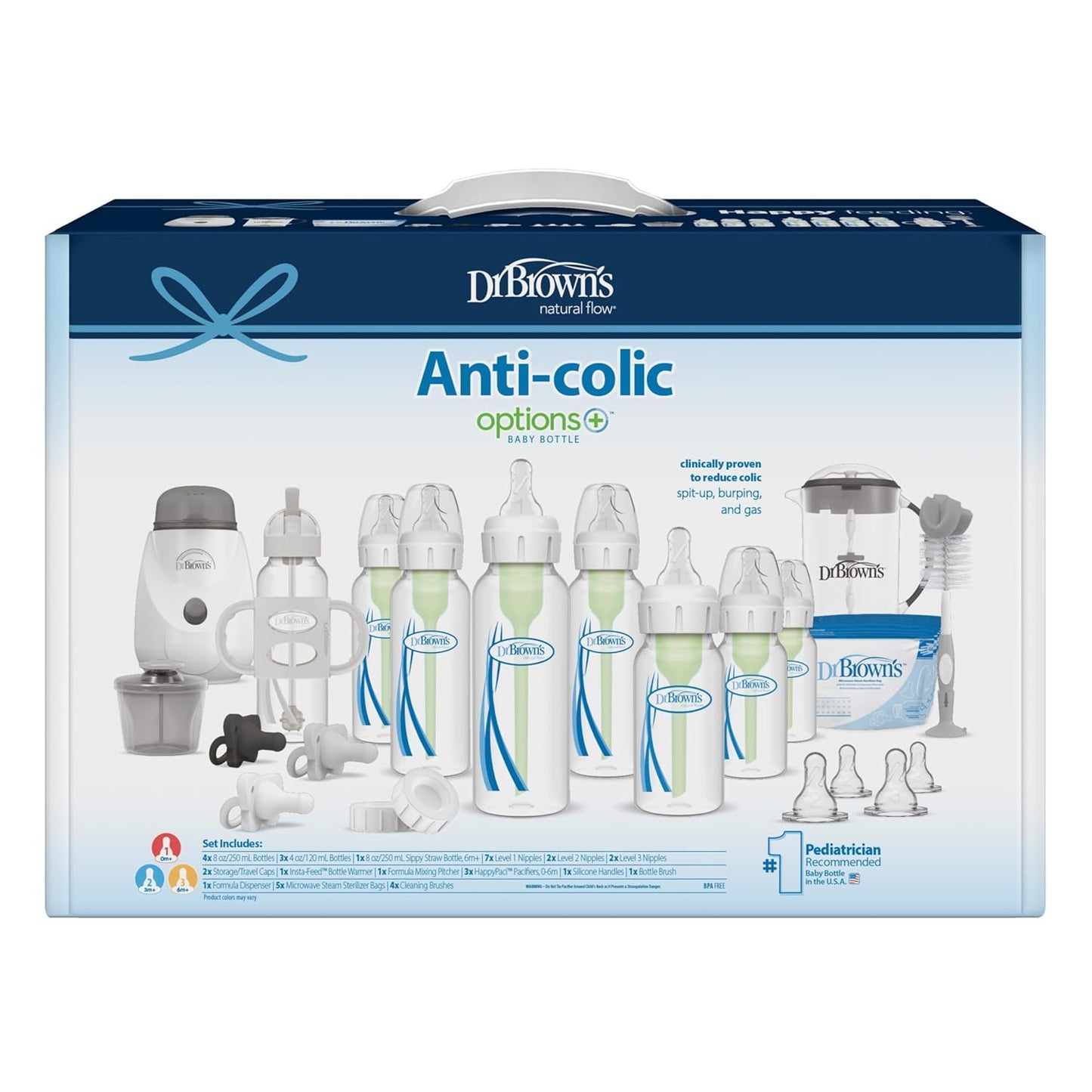 Dr. Brown's Natural Flow Anti-Colic Options+ All-In-One Gift Set for Newborn, with Bottle Warmer, HappyPaci Pacifiers, Cleaning Brush, Formula Mixing Pitcher & Formula Dispenser, 0m+