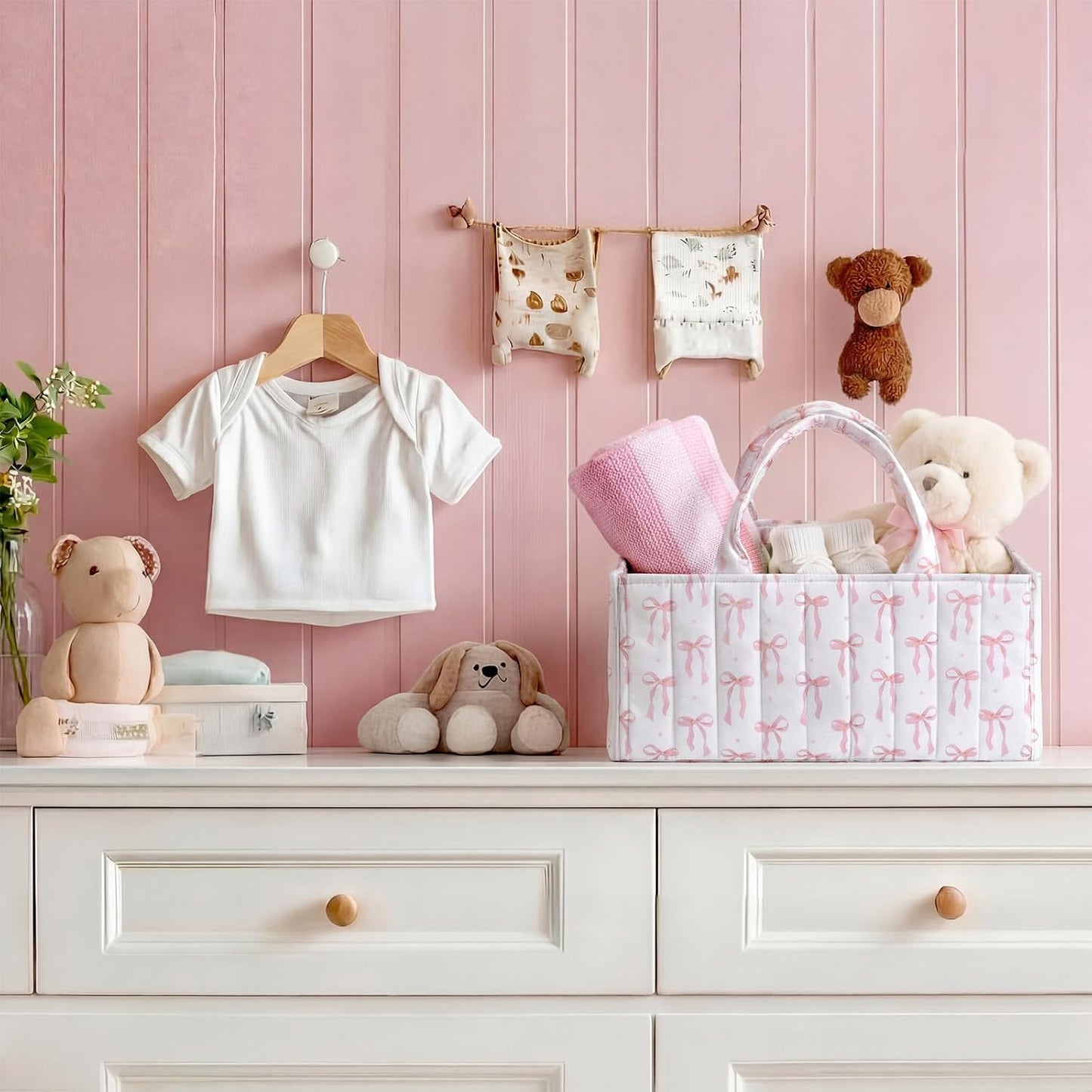 Shinylin Diaper Caddy Organizer with Pink Bow Portable Nursery Storage Basket with Handles and Removable Dividers Cute Storage Bin for Organizer Diaper Caddy Baby Wipes Baby Shower Gifts