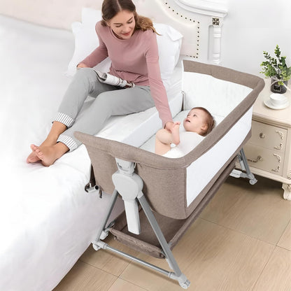 Cowiewie Bassinet Bedside Sleeper, Baby Bassinet with 7 Adjustable Height, Bedside Bassinet for Baby with Storage, Breathable Mesh & Mattress, Portable Bassinet Easy Folding (Pyramid Light Gray)
