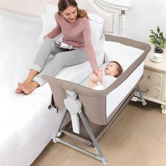 Cowiewie Bassinet Bedside Sleeper, Baby Bassinet with 7 Adjustable Height, Bedside Bassinet for Baby with Storage, Breathable Mesh & Mattress, Portable Bassinet Easy Folding (Pyramid Light Gray)