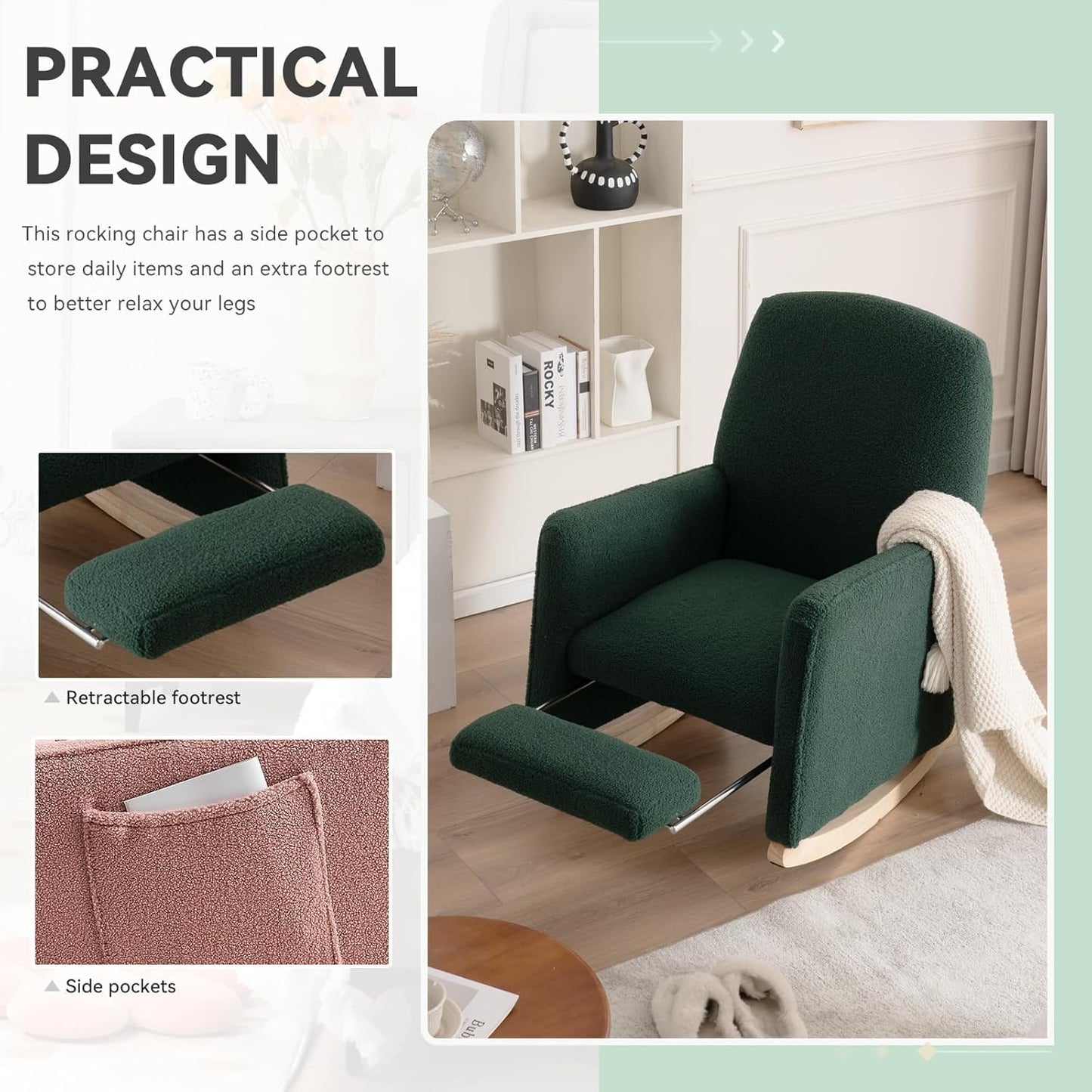 FOXHUNTER Rocking Chair Nursery with Adjustable Footrest and High Backrest, Upholstered Glider Chairs with Side Pockets for Nursery, Rocker Armchair Indoor for Living Room,Beige