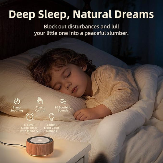 Kipcush White Noise Machine with Night Light – Nursery Sound Machine with Soft Non-Glare Lamp, 30 Soothing Sounds, 8 Color Lights, Up to 8-Hour Timer for Baby & Adults