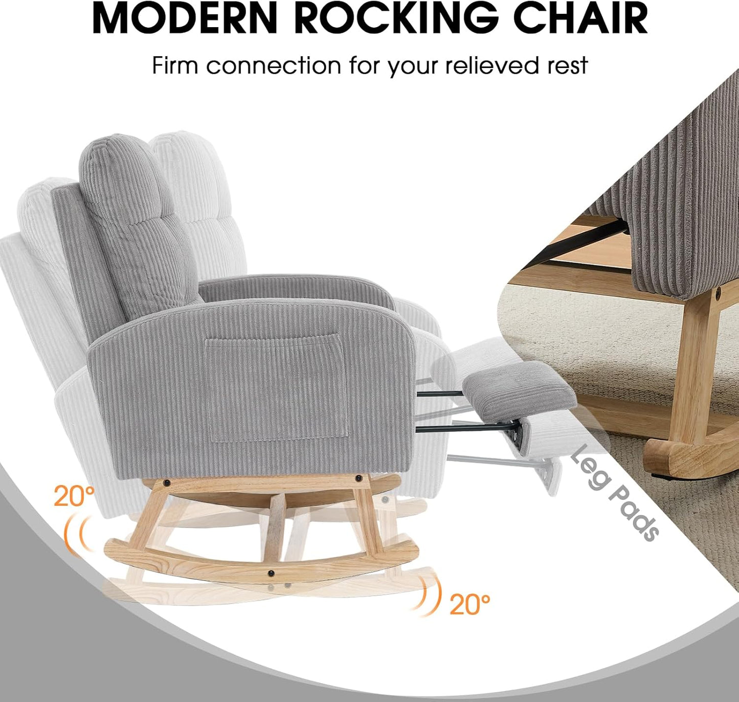 NIOIIKIT Nursery Rocking Chair, Corduroy Upholstered Rocking Chair with Adjustable Footrest, Tufted Rocker Chair with Side Pocket, Glider Rocker for Living Room, Bedroom (Cream Retro)
