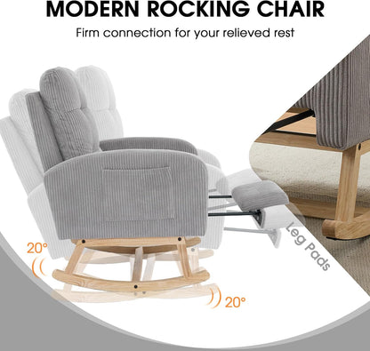 NIOIIKIT Nursery Rocking Chair, Corduroy Upholstered Rocking Chair with Adjustable Footrest, Tufted Rocker Chair with Side Pocket, Glider Rocker for Living Room, Bedroom (Cream Retro)